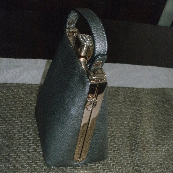 Tracy Zhou Gray Faux Leather Gold Framed Purse with Rhinestone Clasp 7.5" x 5.5" - Picture 2 of 6